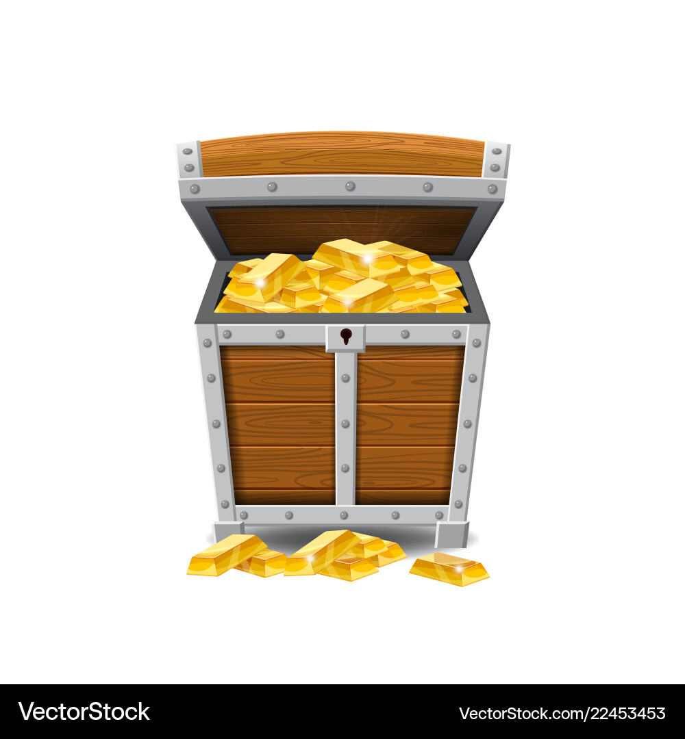 Wooden old pirate chests full of treasures gold Wooden old pirate chests full of treasures gold vector image
