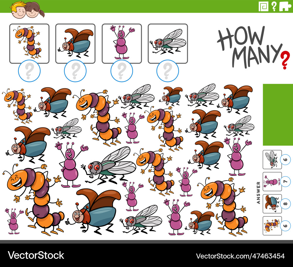 How many cartoon insect characters counting game How many cartoon insect characters counting game Vector Image