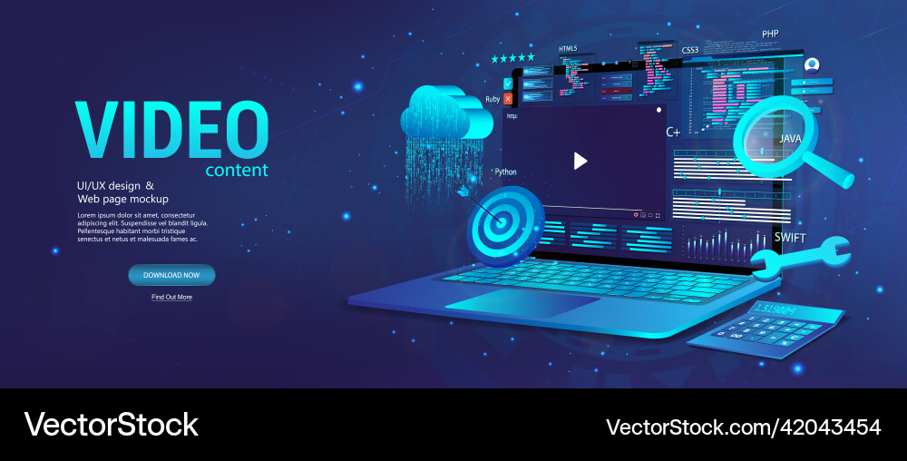 Video content on 3d laptop with interface program Vector Image