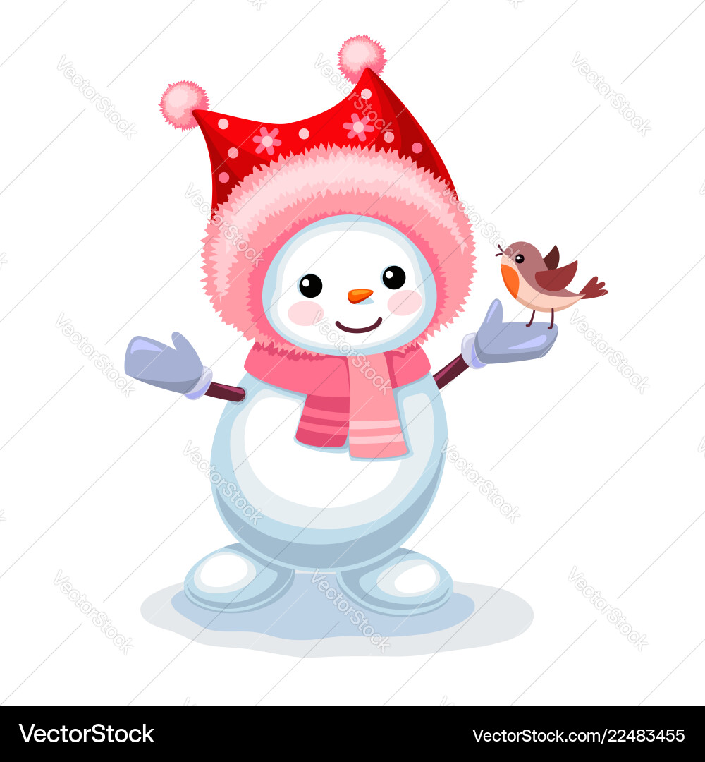 Cute snowman with a small bird on his hand Cute snowman with a small bird on his hand vector image