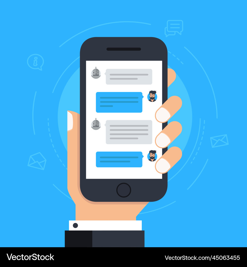 Man chatting with chat bot on smartphone Man chatting with chat bot on smartphone vector image