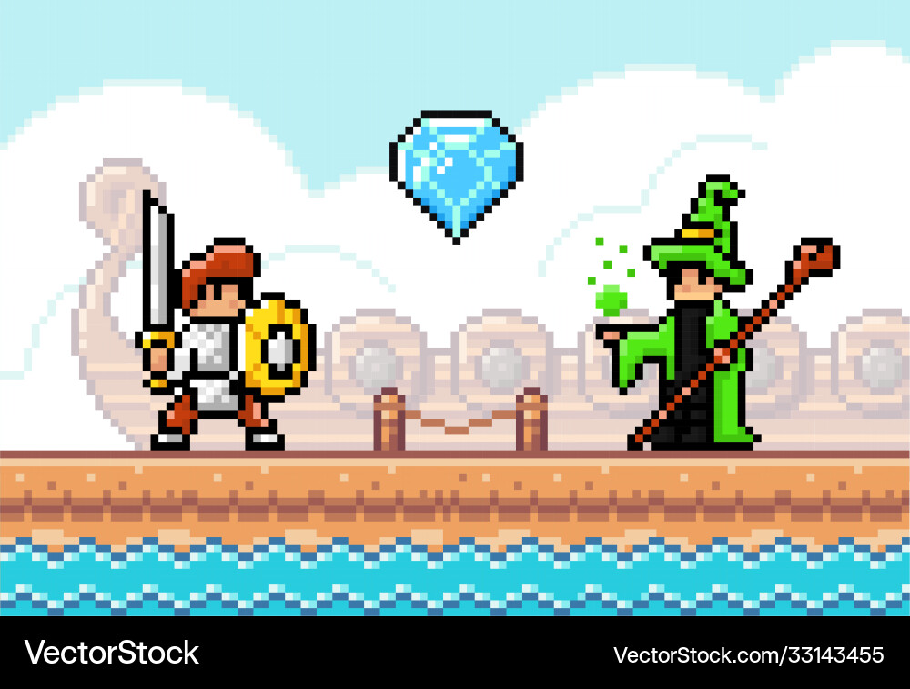 Pixel art style characters in game arcade play Pixel art style characters in game arcade play vector image