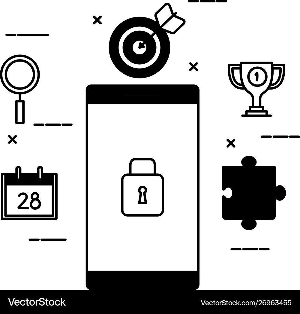 Smartphone device with padlock and set icons Smartphone device with padlock and set icons vector image