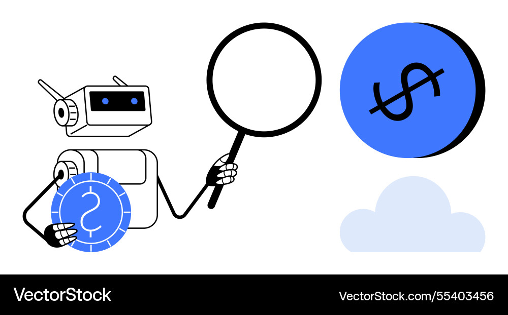 Robot analyzing currency with magnifying glass vector image