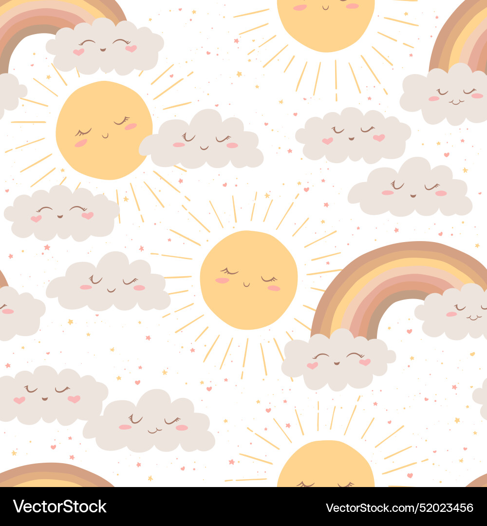 Seamless boho pattern with sun clouds rainbows Vector Image