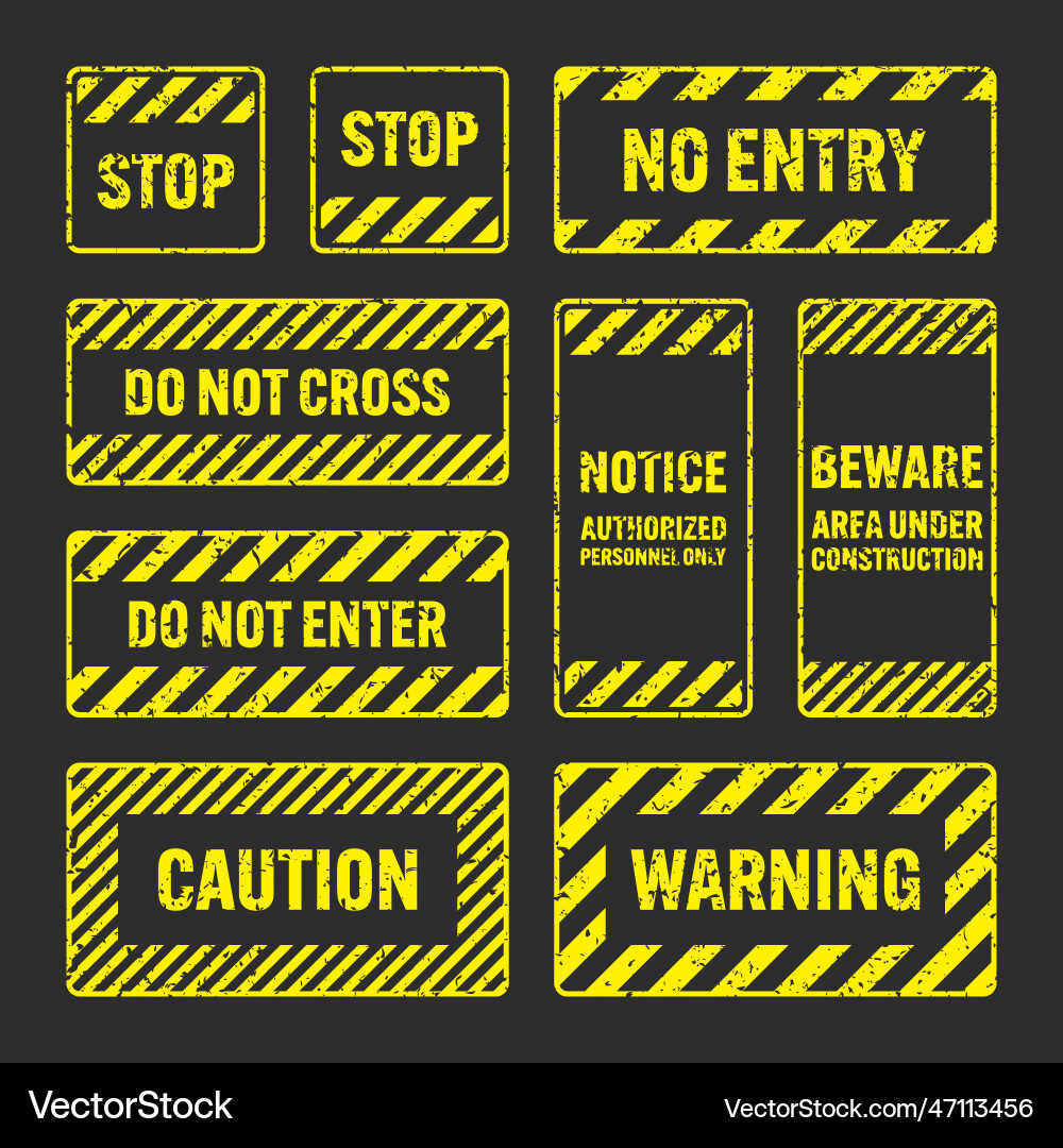 Various yellow grunge warning signs with diagonal Various yellow grunge warning signs with diagonal vector image