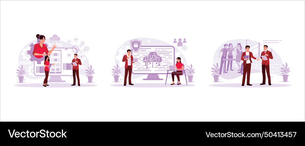 Development team discussing mobile app developer Development team discussing mobile app developer vector image
