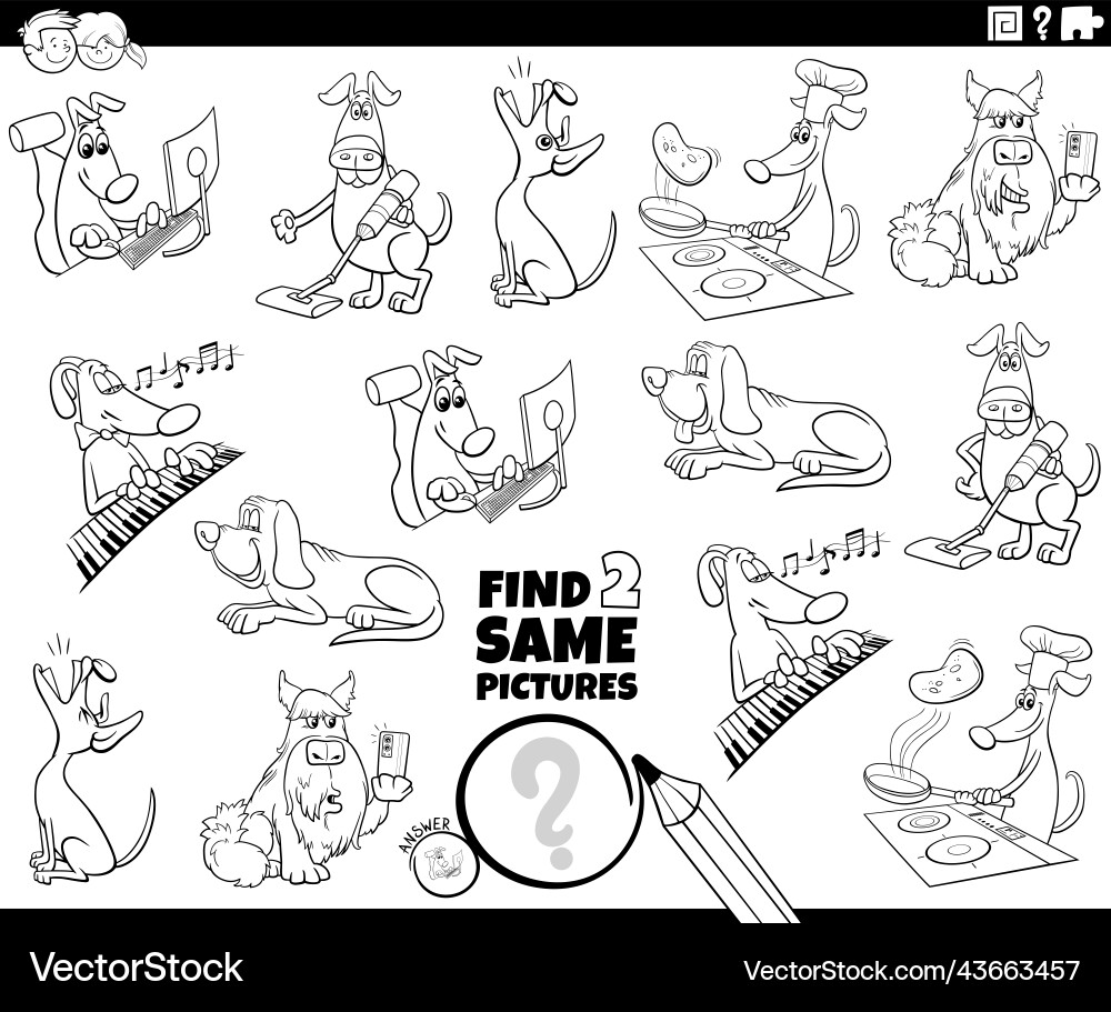 Find two same dog characters task coloring book Vector Image