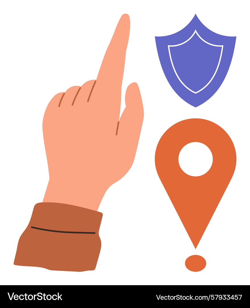 Hand pointing to security shield and map pin Hand pointing to security shield and map pin vector image