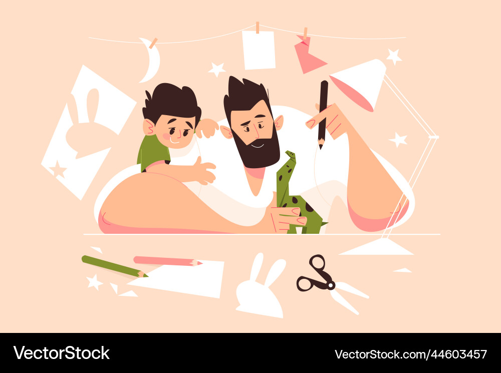 Vater und Sohn machen Origami Papier zusammen Vater und Sohn machen Origami Papier zusammen vektorbild