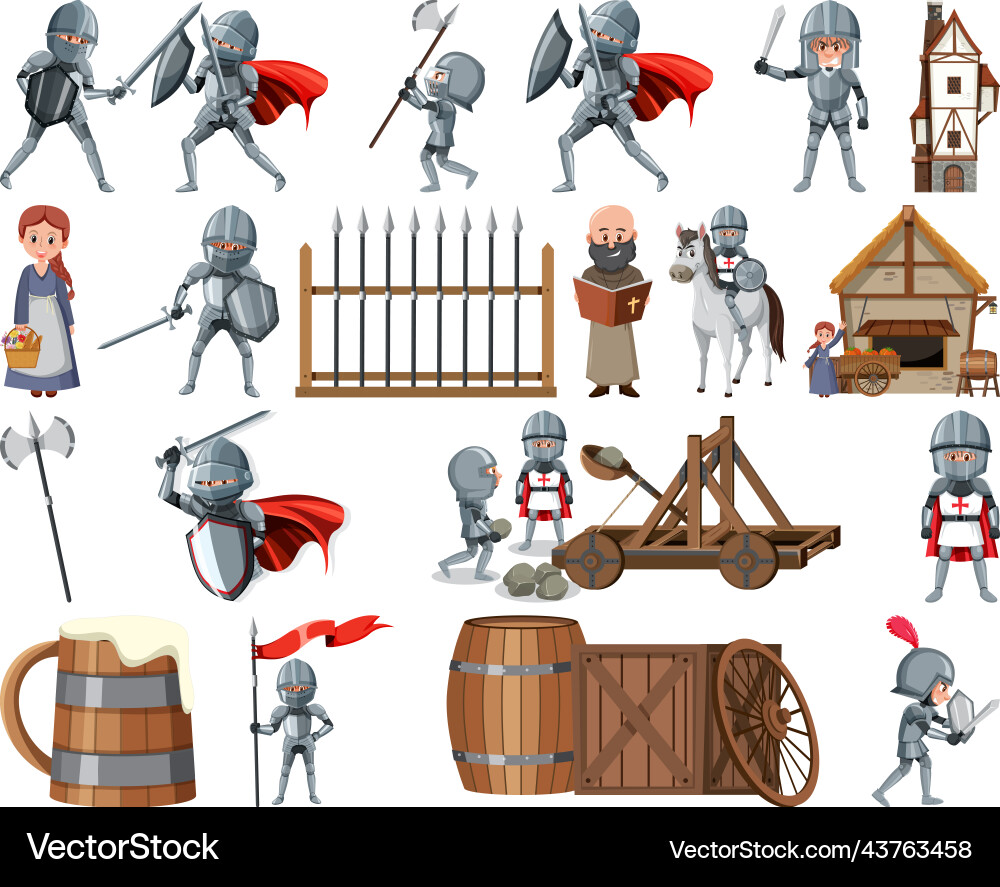 Medieval cartoon characters and objects vector image