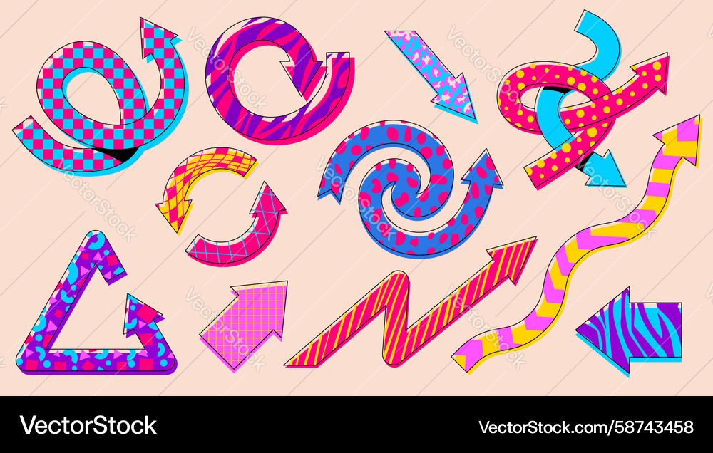 Vibrant arrow designs with retro playful patterns Vibrant arrow designs with retro playful patterns Vector Image