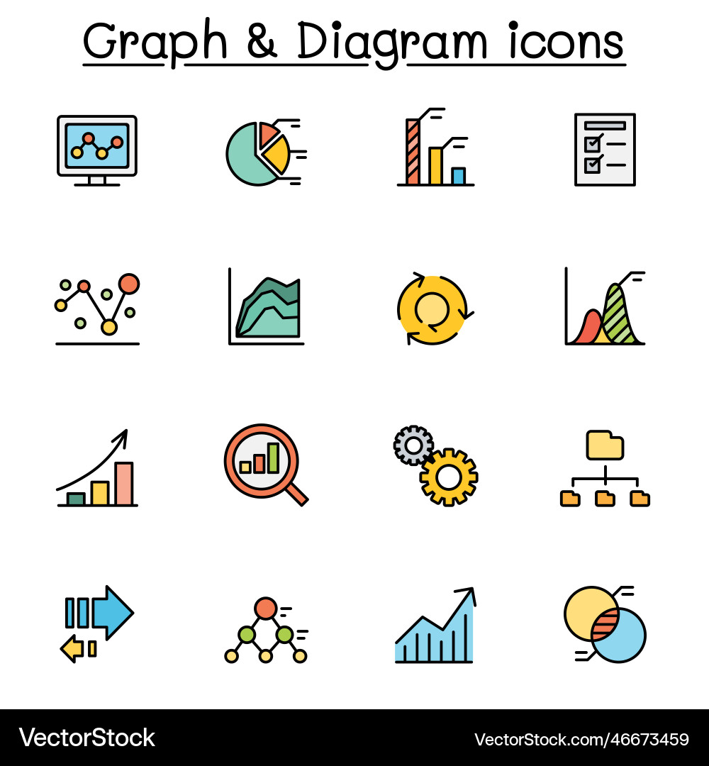 Graph data chart and diagram color line icon set Graph data chart and diagram color line icon set vector image