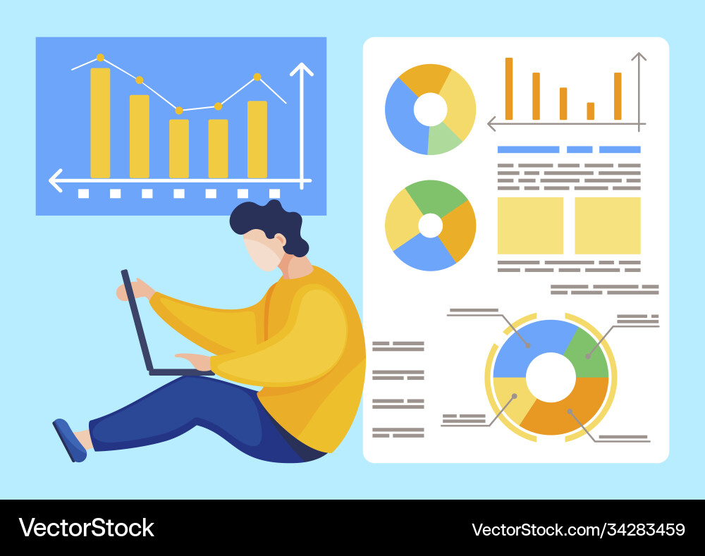 Man working on laptop data graphics and charts Man working on laptop data graphics and charts vector image