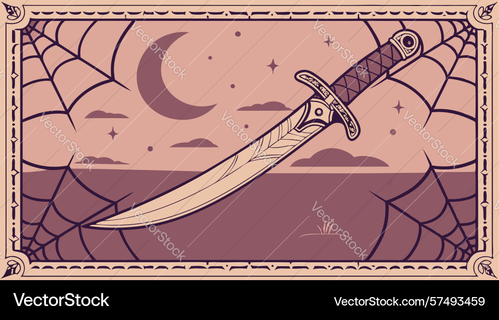 Moonlit sword and spiderweb on textured canvas Vector Image
