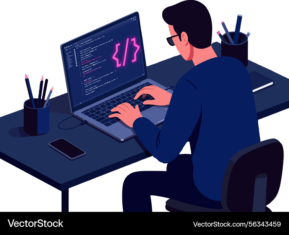 Programmer coding on laptop with dark desk Programmer coding on laptop with dark desk vector image