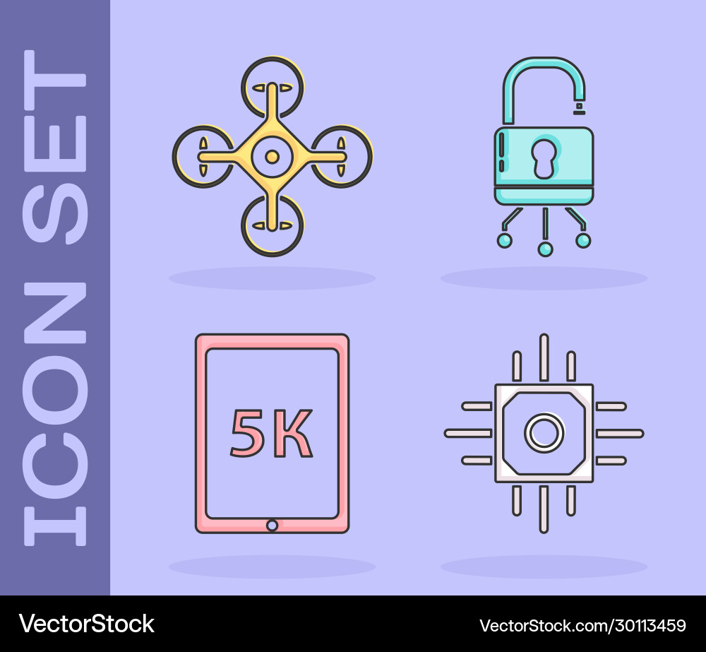 Set processor drone tablet with text 5k and lock Set processor drone tablet with text 5k and lock vector image