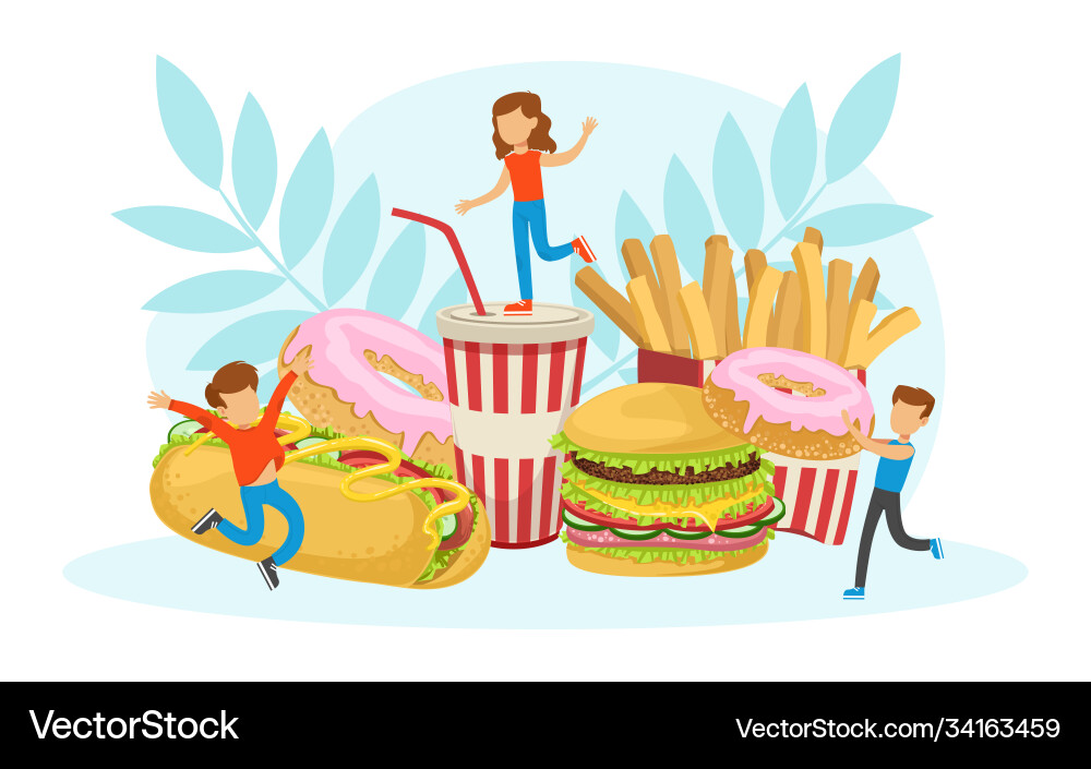 Tiny children having fun with fast food boys Tiny children having fun with fast food boys vector image