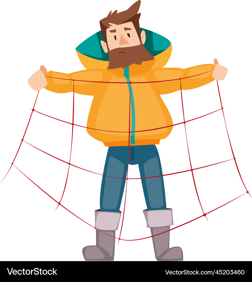 Bearded fisherman capturing fish with net Bearded fisherman capturing fish with net Vector Image