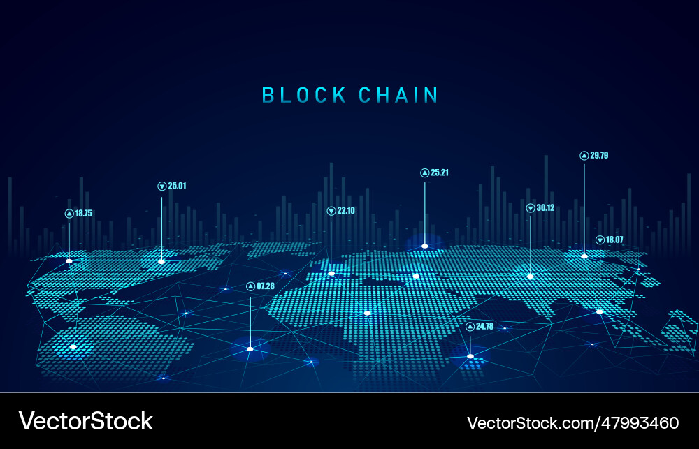 Blockchain technology with global connection vector image