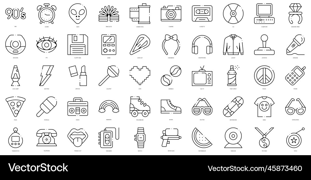 Linear style nineties icons bundle Linear style nineties icons bundle vector image