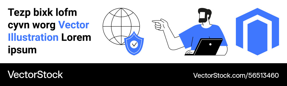 Man with laptop pointing at shield and globe Man with laptop pointing at shield and globe vector image