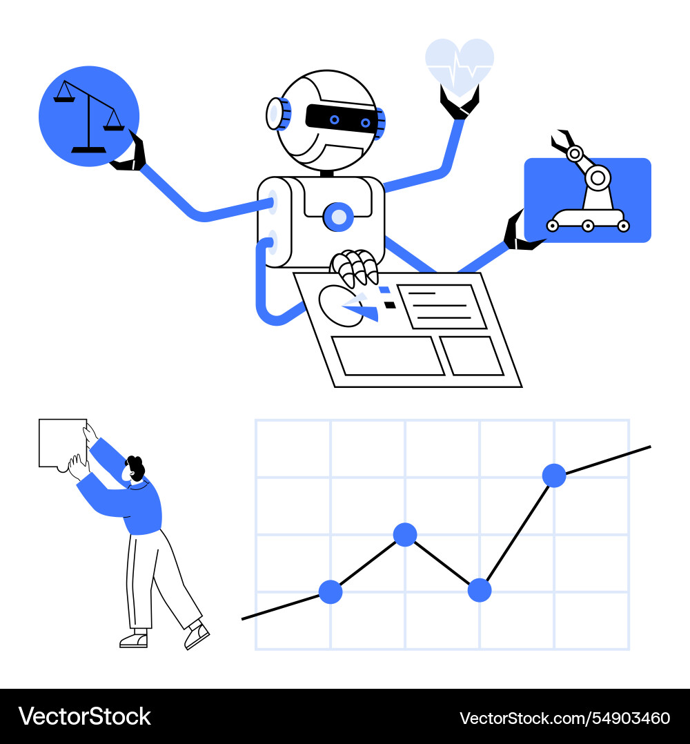 Robot balancing tasks with data management Robot balancing tasks with data management vector image