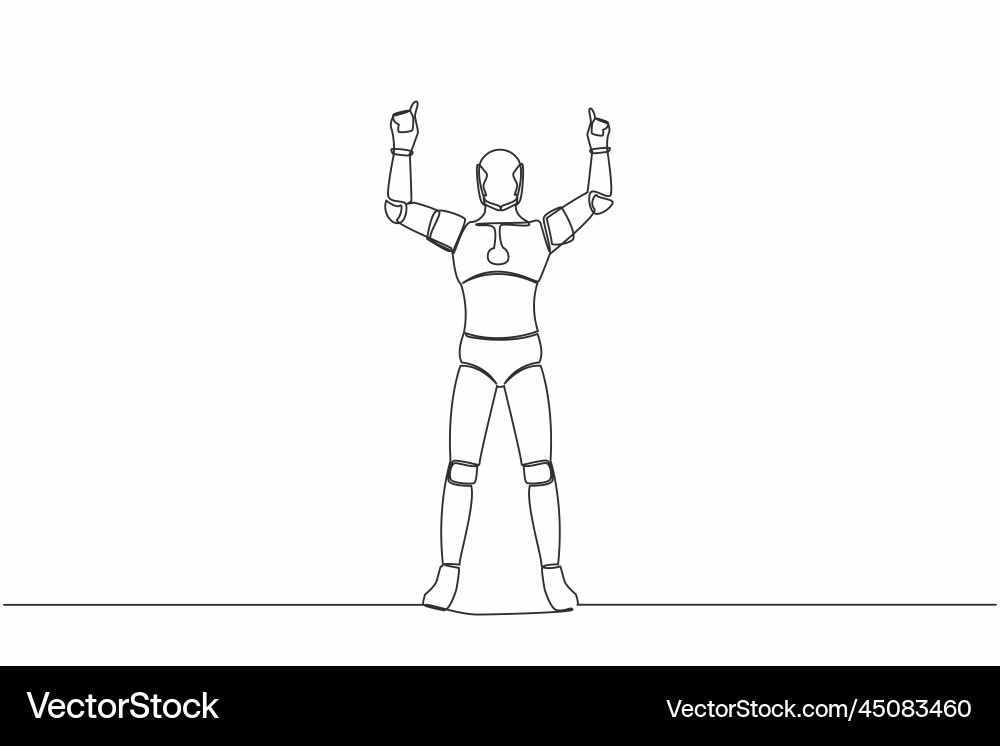 Single continuous line happy robot standing vector image
