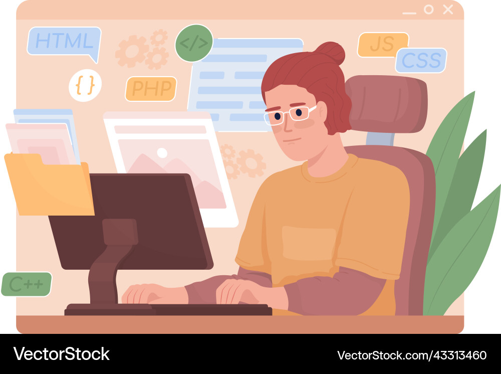Web designer makes portfolio 2d isolated Web designer makes portfolio 2d isolated Vector Image
