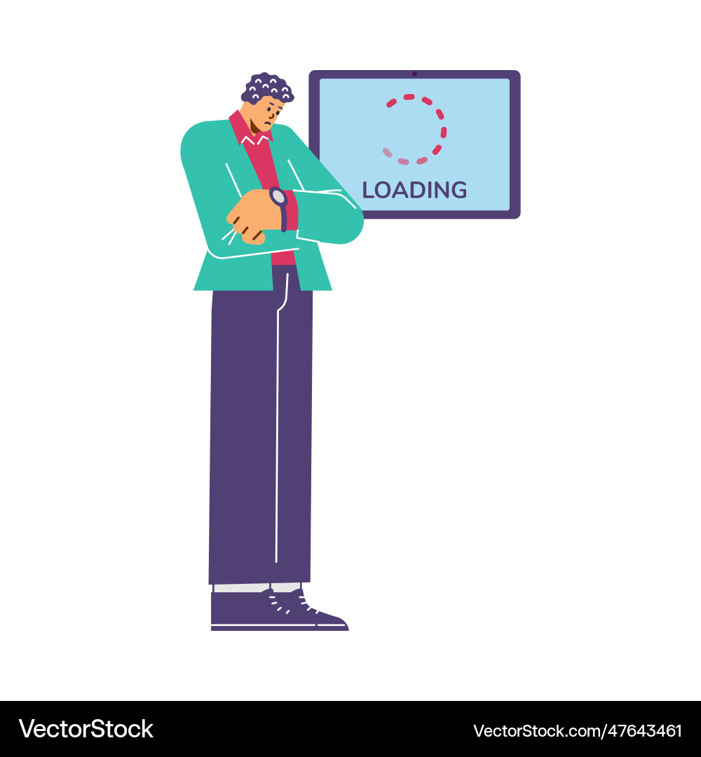 Frustrated man waiting for computer screen loading Frustrated man waiting for computer screen loading vector image