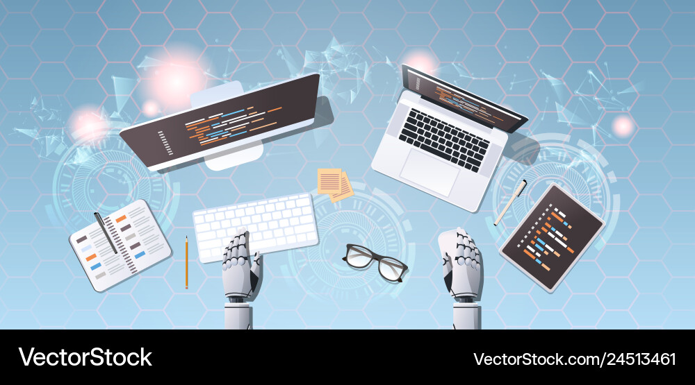 Robot developer at workplace web site design Robot developer at workplace web site design vector image