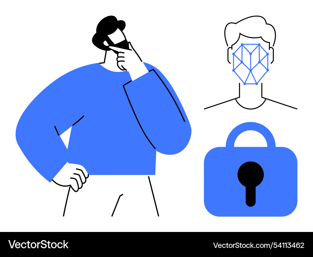 Man thinking about facial recognition and security Man thinking about facial recognition and security vector image
