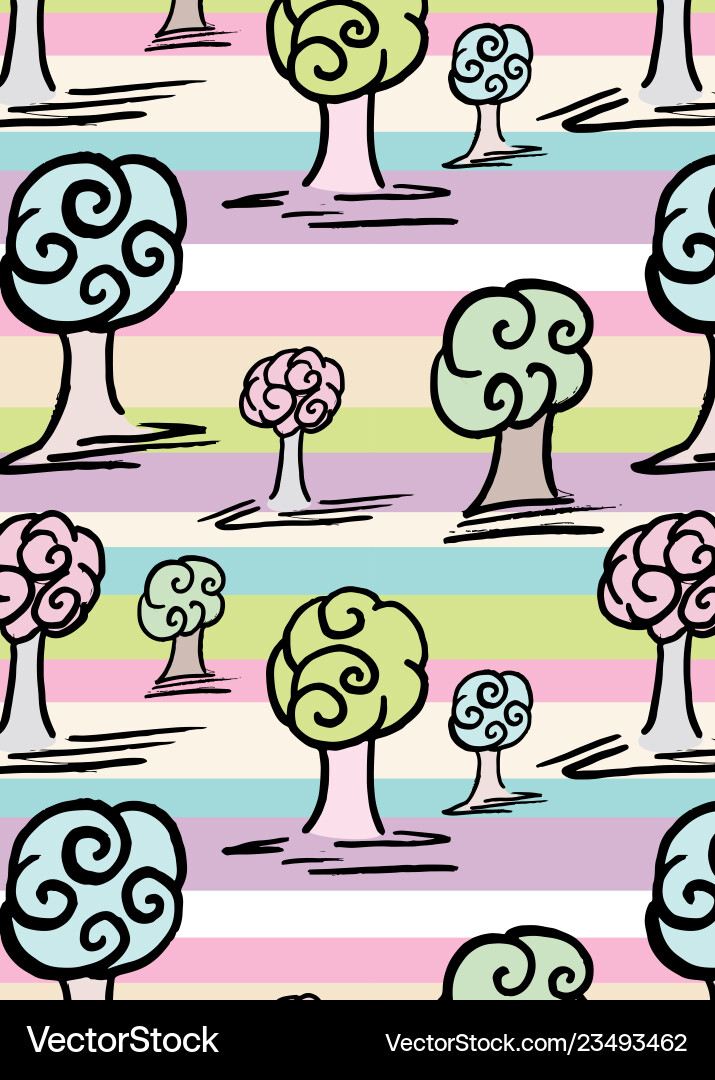 Pattern with set of cute trees on abstract line Vector Image