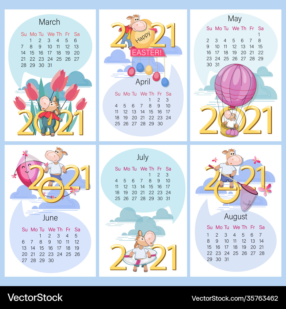 Spring summer 2021 calendar set funny calf Spring summer 2021 calendar set funny calf vector image