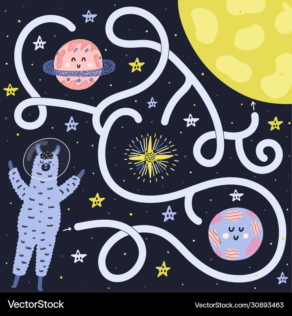 Help llama astronaut find way to moon Help llama astronaut find way to moon vector image