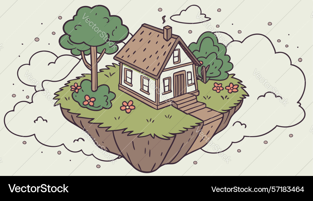 Lush floating island with house and tree design Vector Image