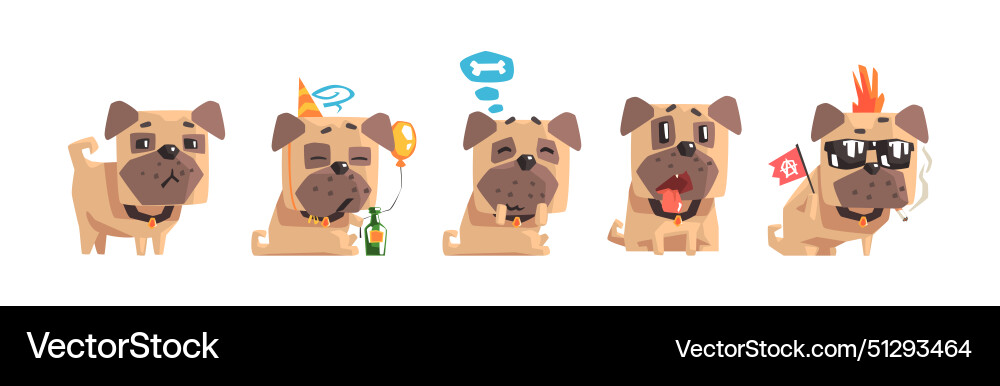 Lustiger Pug Hund Charakter mit niedlichen Snout-Set Lustiger Pug Hund Charakter mit niedlichen Snout-Set vektorbild