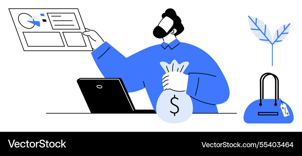 Man analyzing financial data on screen while Man analyzing financial data on screen while vector image