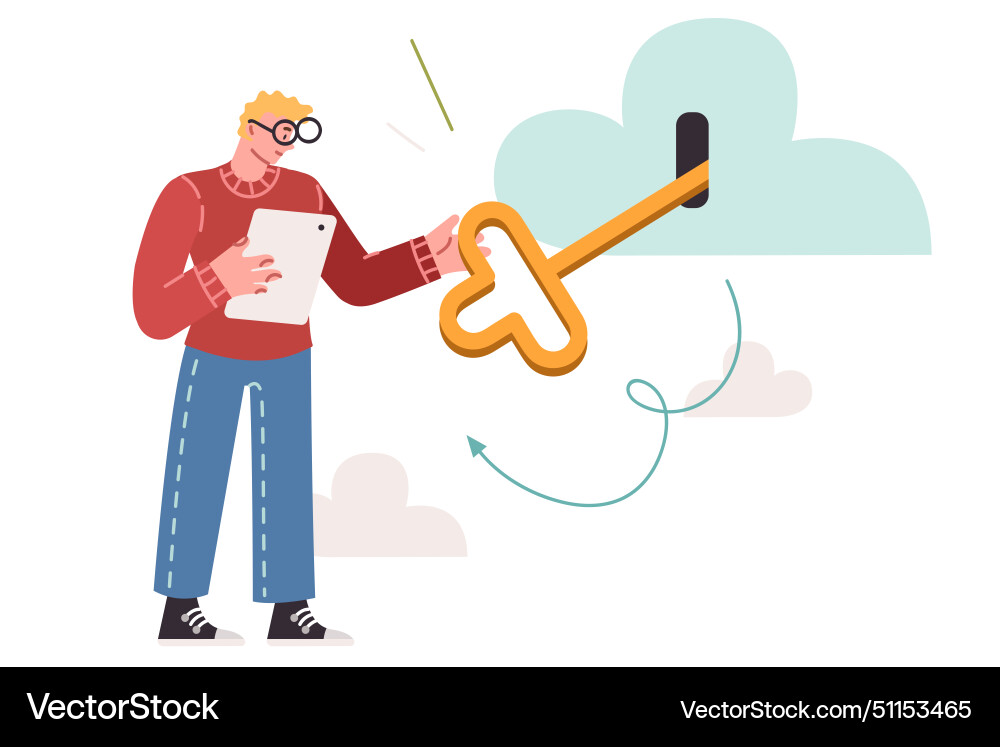 Man uses cloud technologies to store and process Man uses cloud technologies to store and process vector image