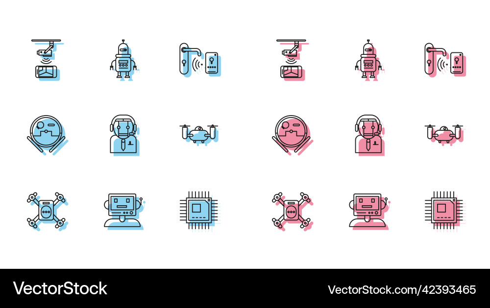 Set line drone flying with action camera robot Set line drone flying with action camera robot vector image