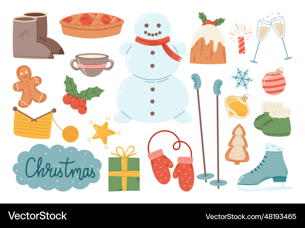 Set of cartoon winter flat stickers Set of cartoon winter flat stickers vector image
