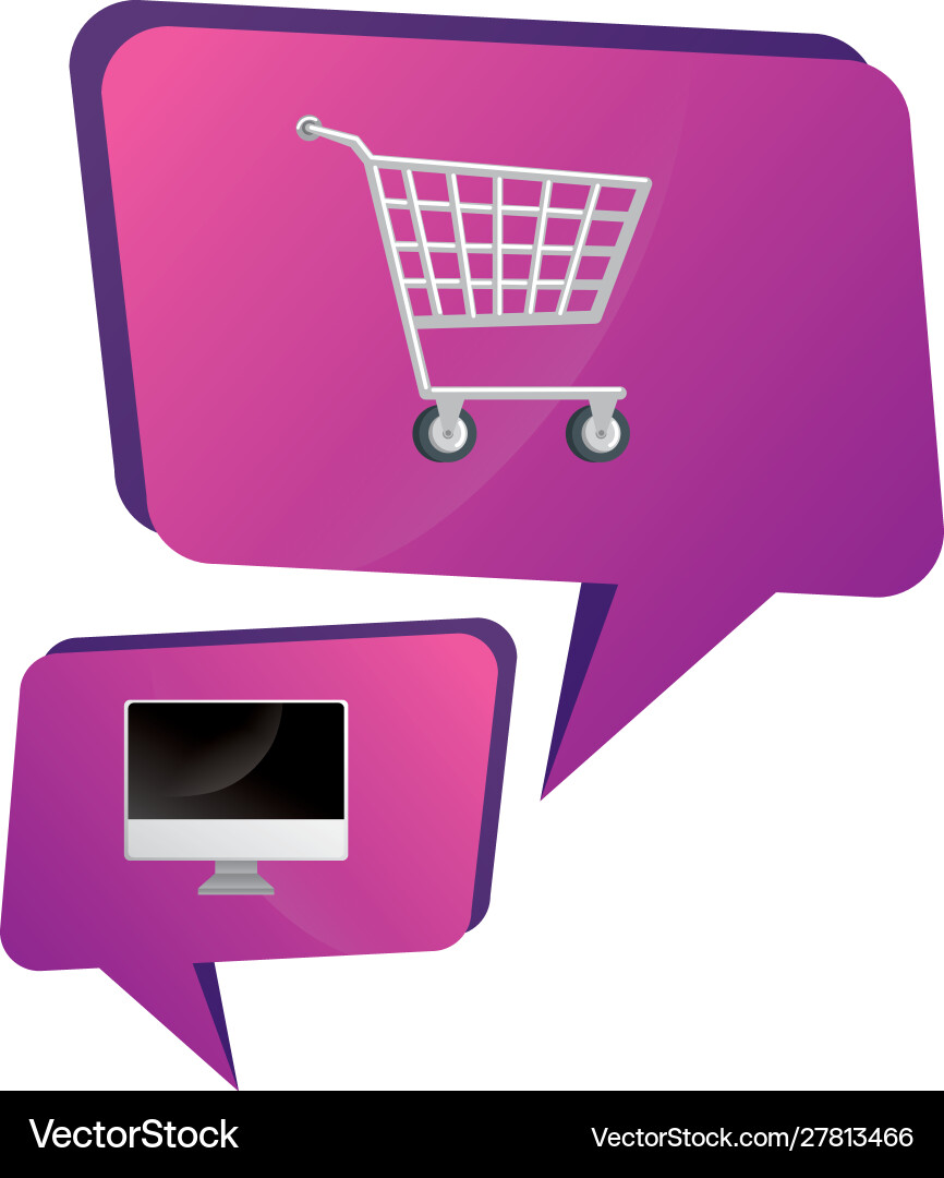 Cart shopping with computer in speech bubbles Cart shopping with computer in speech bubbles vector image