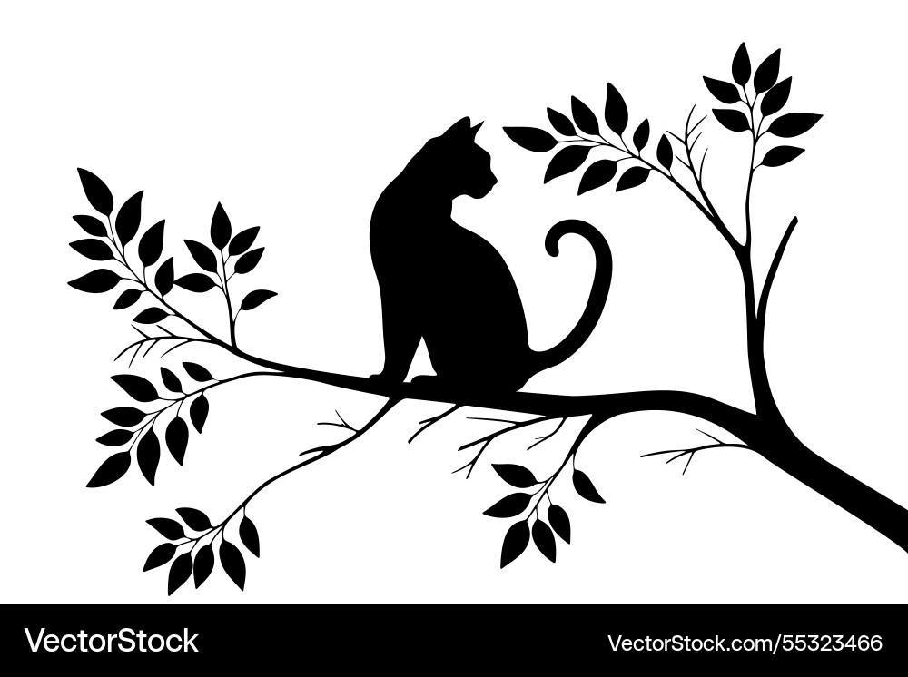 Schwarze Silhouette einer Katze sitzt auf Zweig Schwarze Silhouette einer Katze sitzt auf Zweig vektorbild