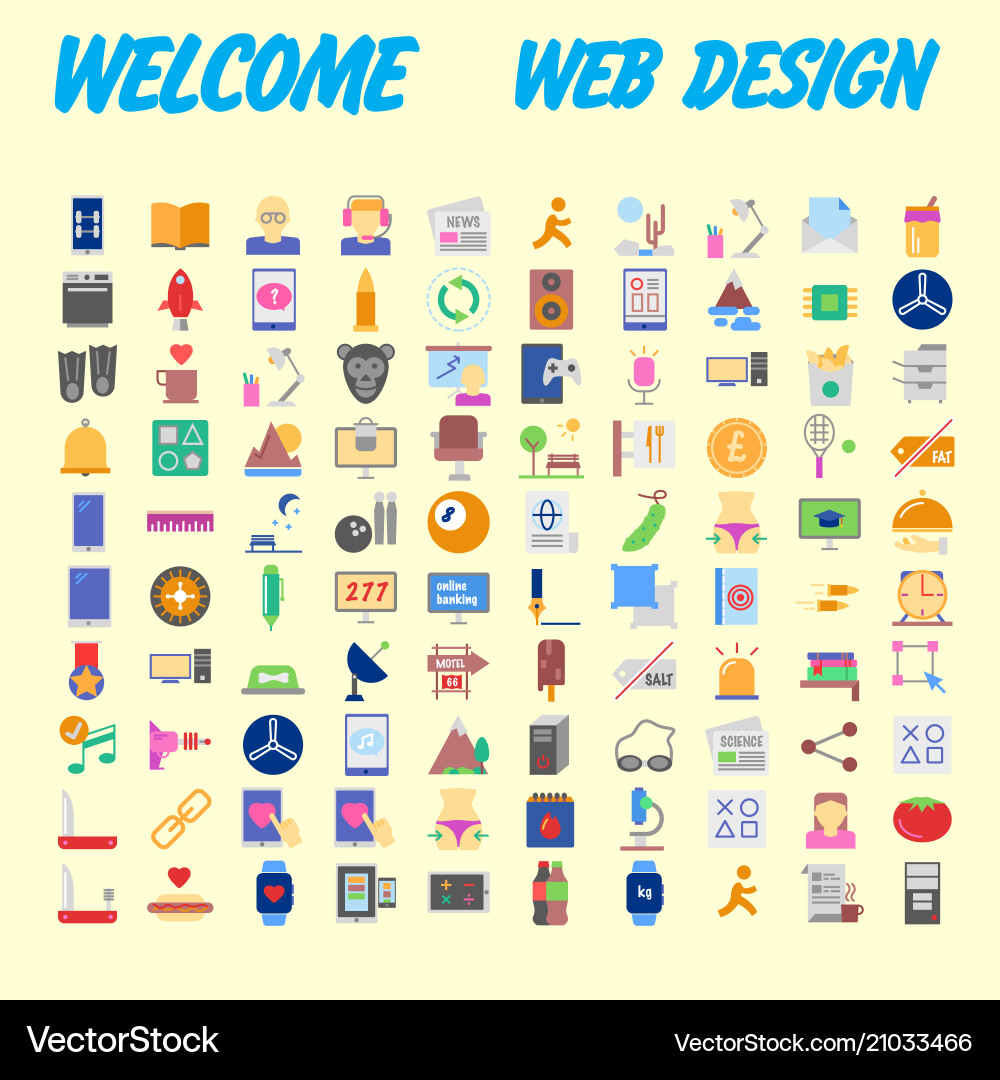 Set of 100 flat web icons on following themes Vector Image