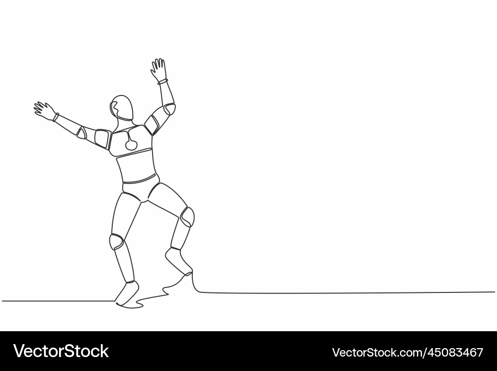 Continuous one line drawing happy robot jump Continuous one line drawing happy robot jump vector image