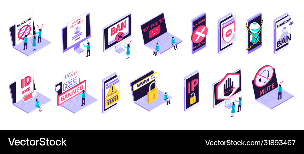 Isometric internet blocking icon set vector image