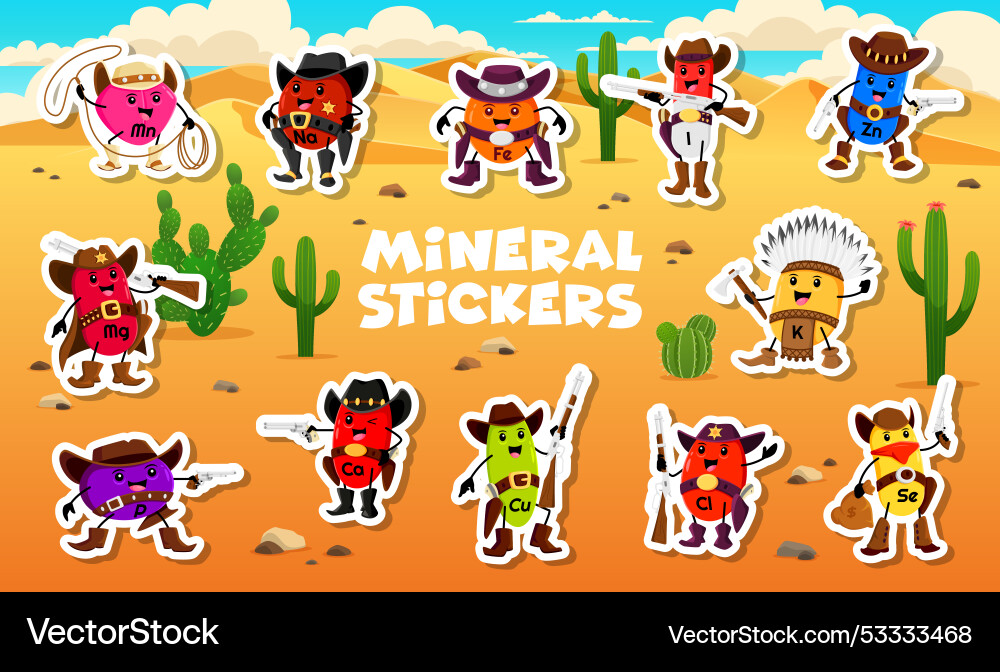 Aufkleber von Cartoon Mineral Mikronährstoff Cowboy Aufkleber von Cartoon Mineral Mikronährstoff Cowboy vektorbild