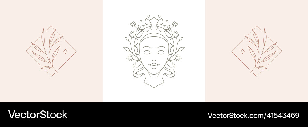 Monochrome antique goddess woman face in botanical Monochrome antique goddess woman face in botanical vector image