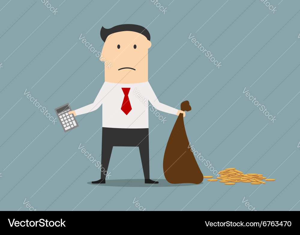Bankrupt manager with calculator and empty bag Vector Image