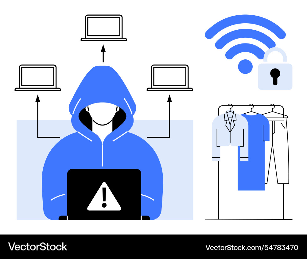 Hacker in hoodie accessing multiple devices Hacker in hoodie accessing multiple devices vector image